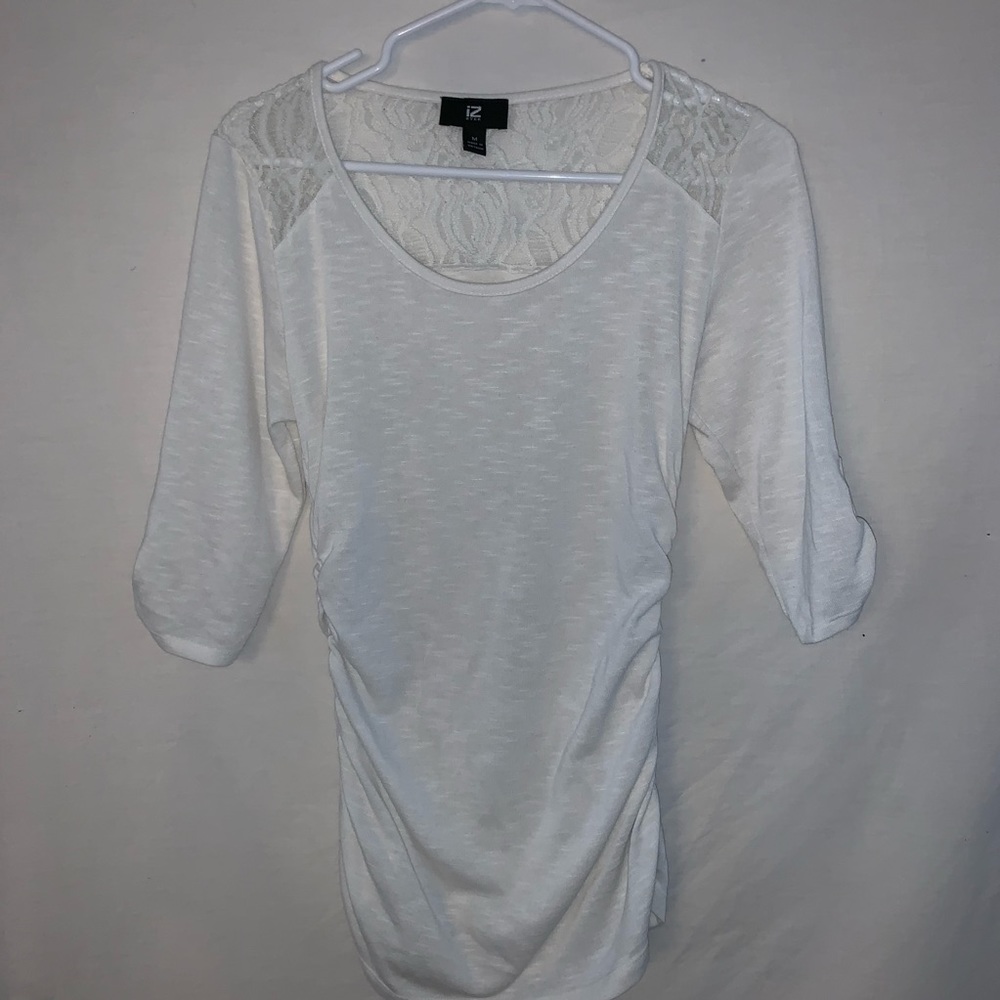 white cinched side top w/ mid sleeves & lace back